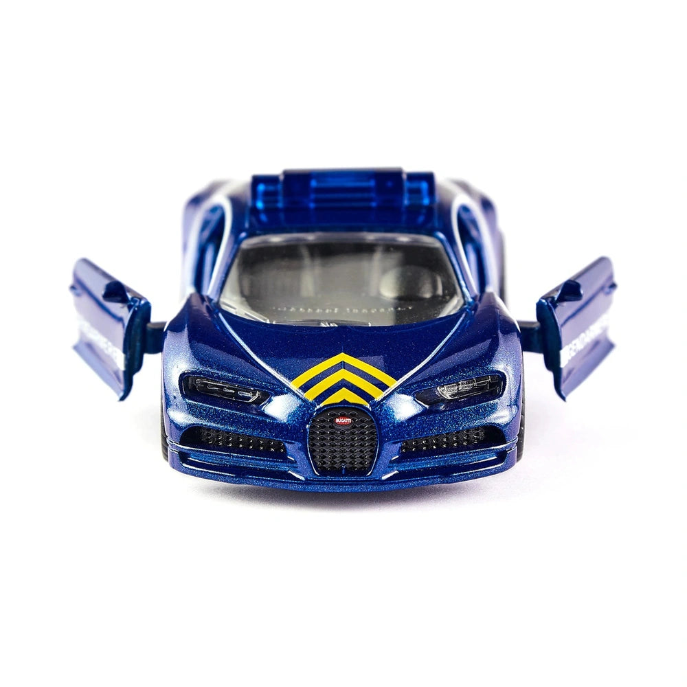 Siku Bugatti Chiron Gendarmerie toy car in blue with yellow and black stripes, featuring a glossy finish and open doors.