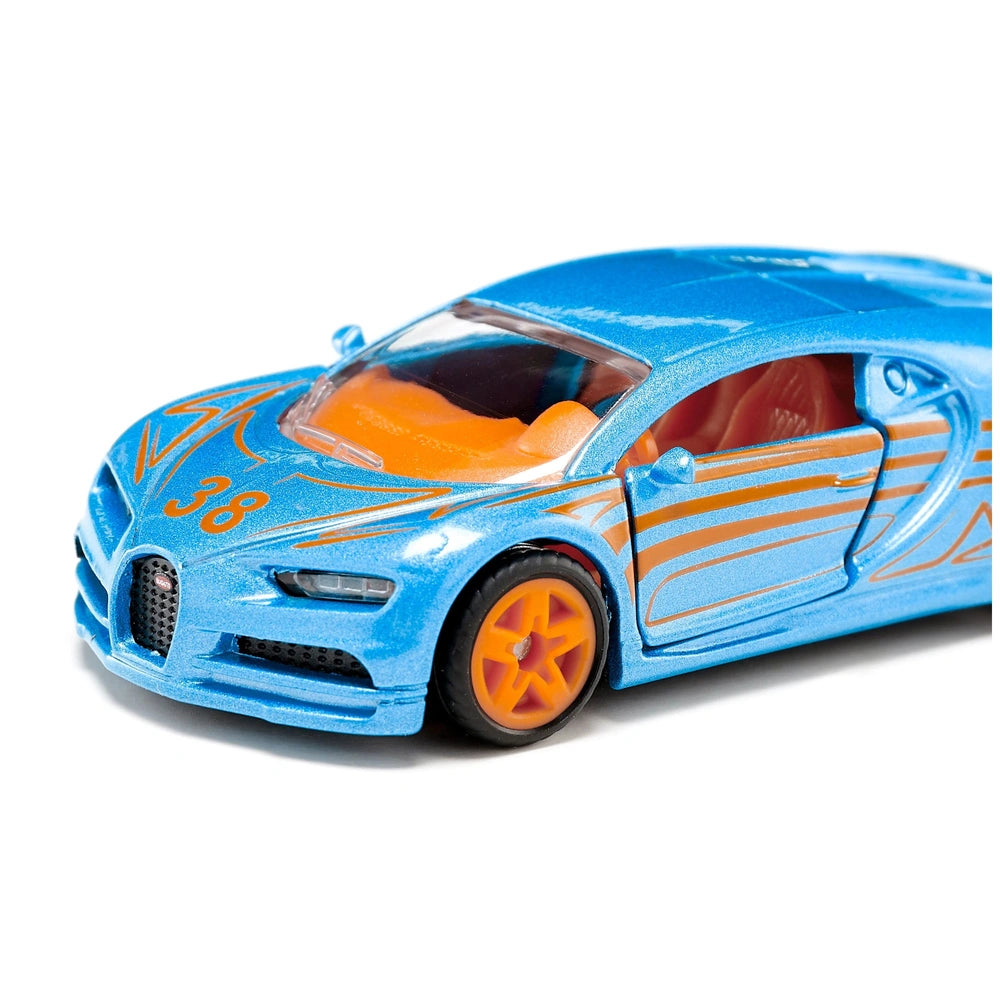 Siku Bugatti Chiron toy car features a blue body with orange accents, glossy finish, and detailed components against a light 