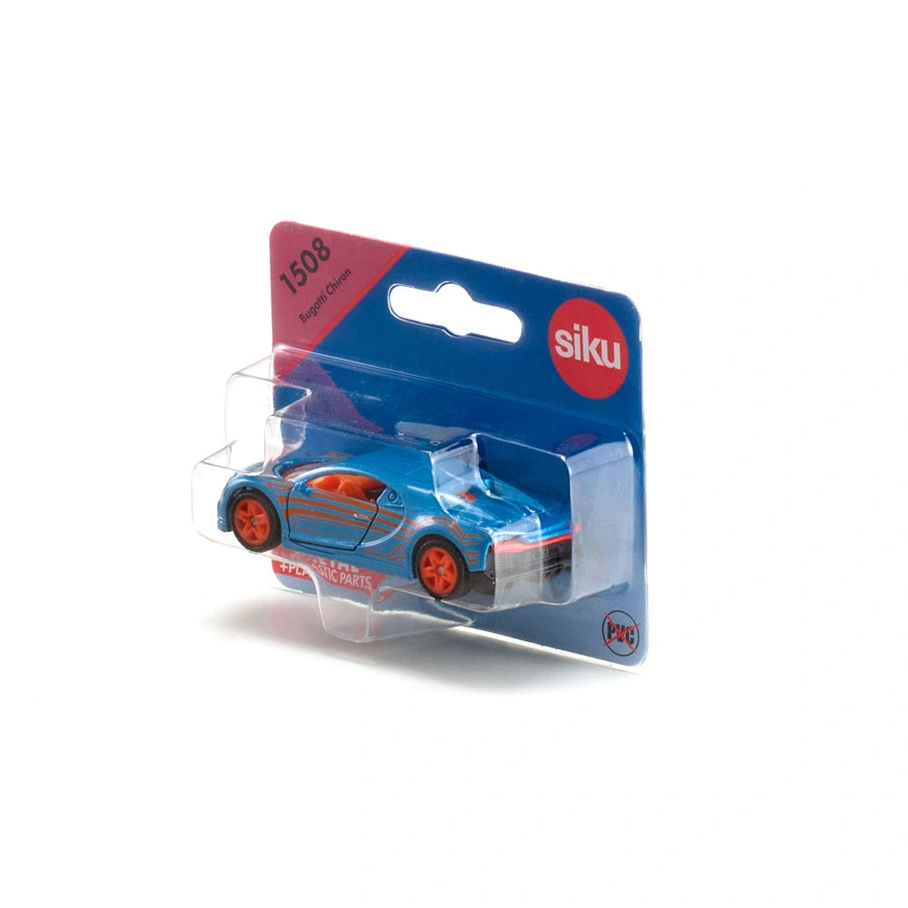 Siku Bugatti Chiron toy car in blue packaging with red and white accents, featuring a glossy finish and visible wheels.