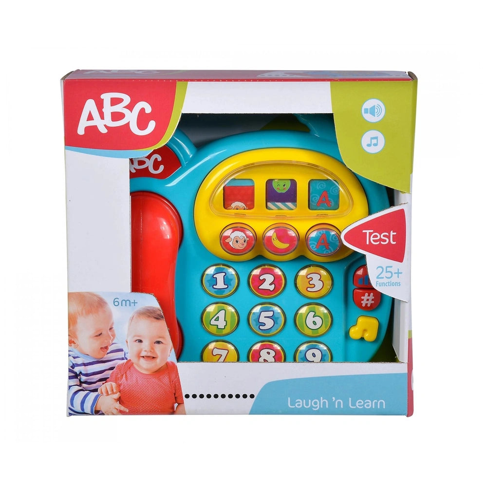 Simba ABC Colorful Telephone features a blue design with vibrant numbers, letters, and a smiling face for learning fun.