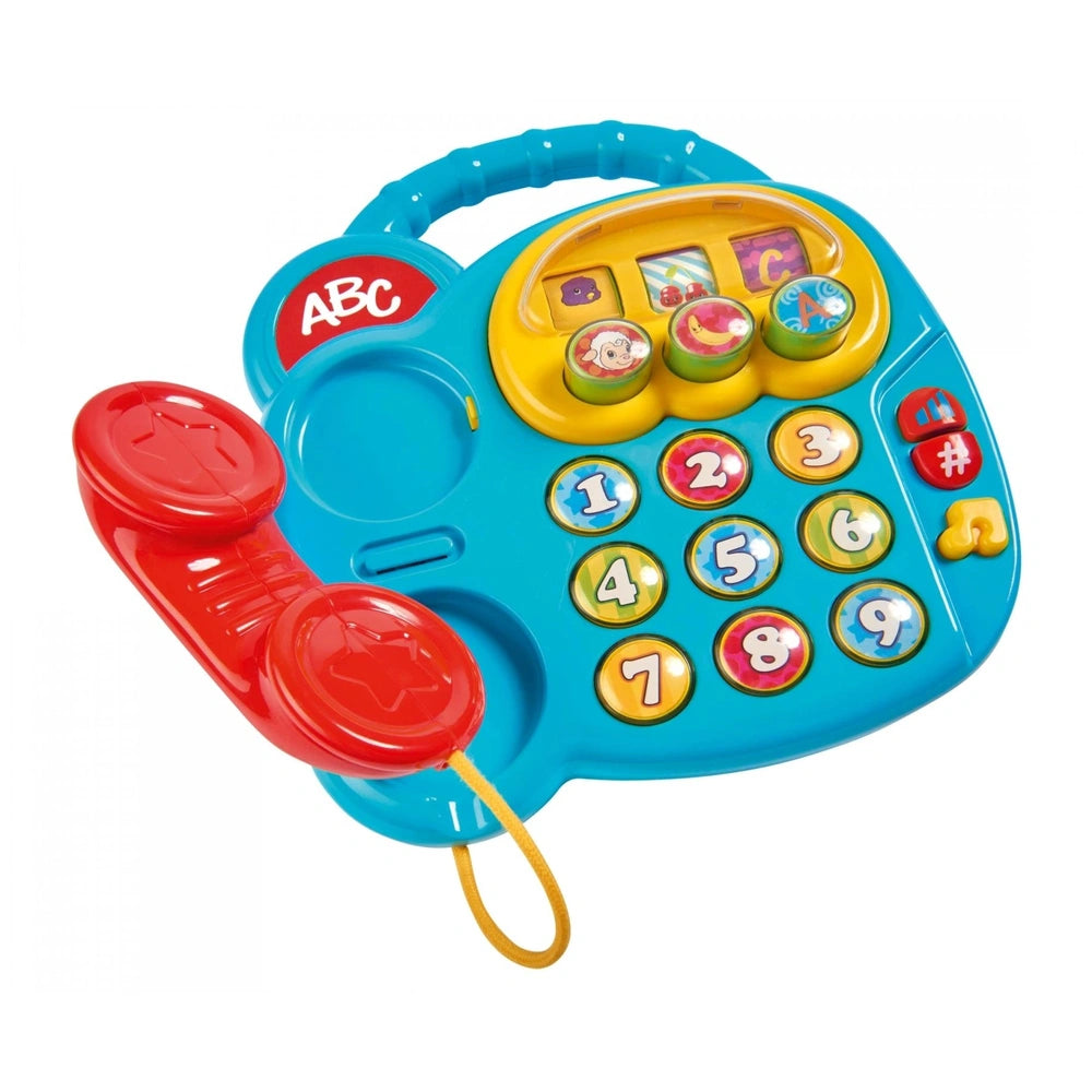 Simba ABC Colorful Telephone educational toy featuring a blue body, yellow base, red handset, and vibrant keypad for toddlers