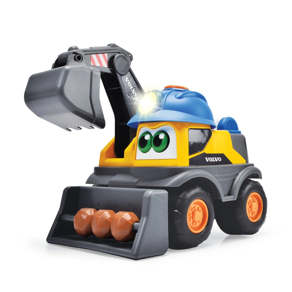 Simba ABC Danny Digger Excavator toy vehicle in yellow and blue with friendly eyes, black scoop, and orange-rimmed wheels.