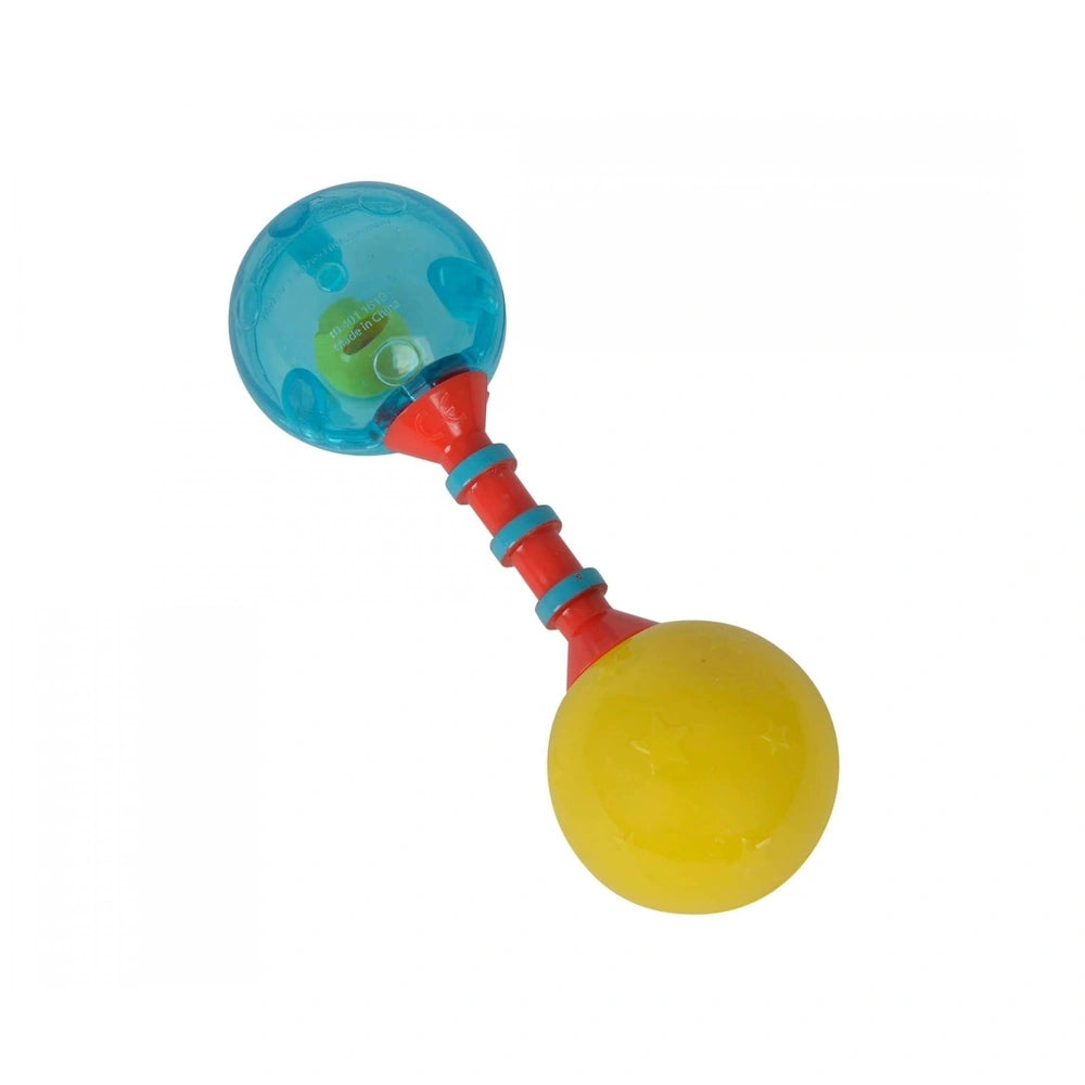 Simba ABC First Rattle with blue outer shell, yellow inner core, and red handle for easy grip, designed for childrens play.