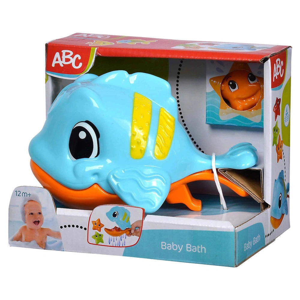 Simba ABC Hungry Fish bath toy, blue with orange accents, smiling face, in a labeled cardboard box with a clear window.