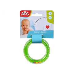 Simba ABC Ring Rattle, a colorful teething toy with smiling face, beads, and a blue loop for easy handling.