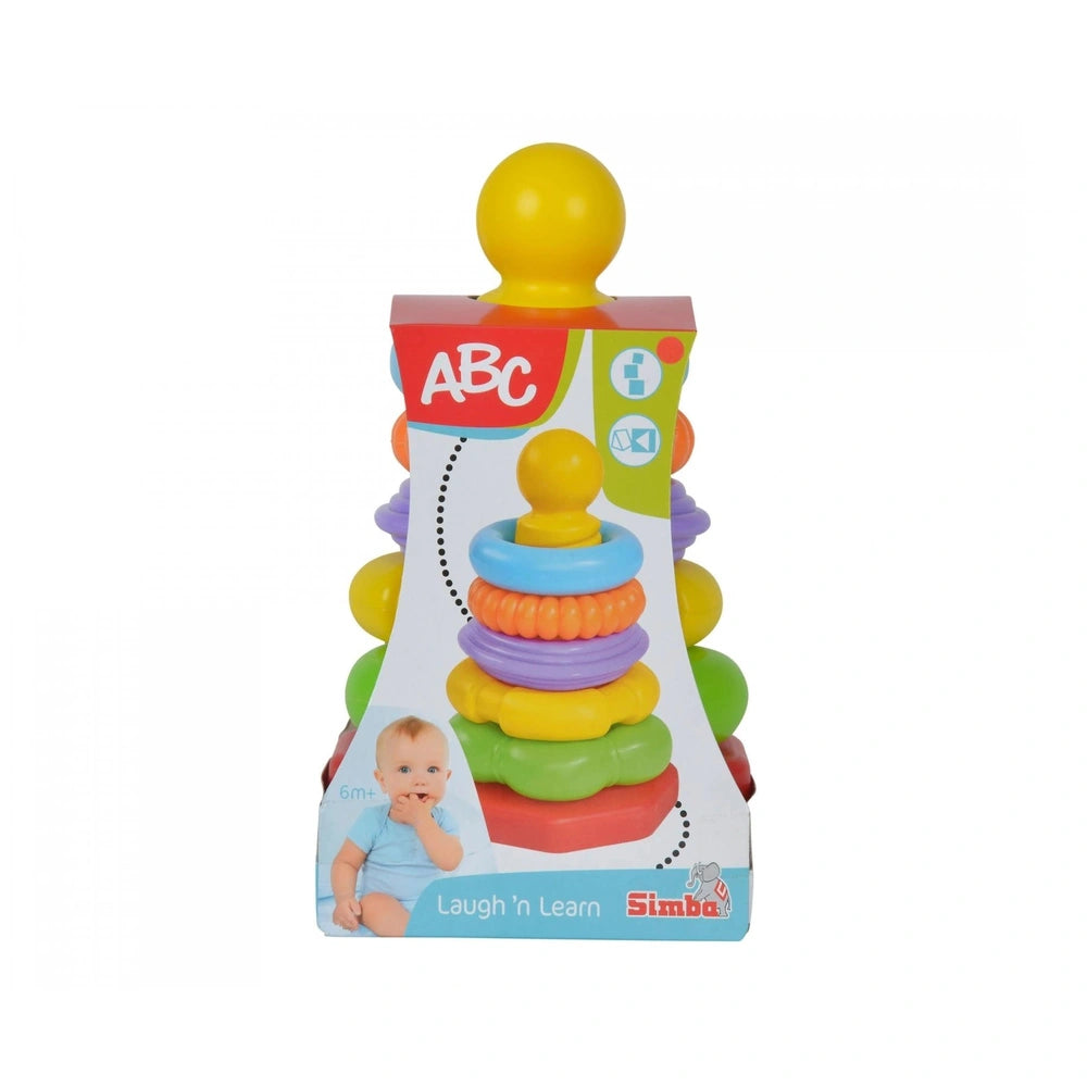 Simba ABC Stacking Ring Pyramid is a colorful educational toy for toddlers, featuring rings of various colors and a cheerful 
