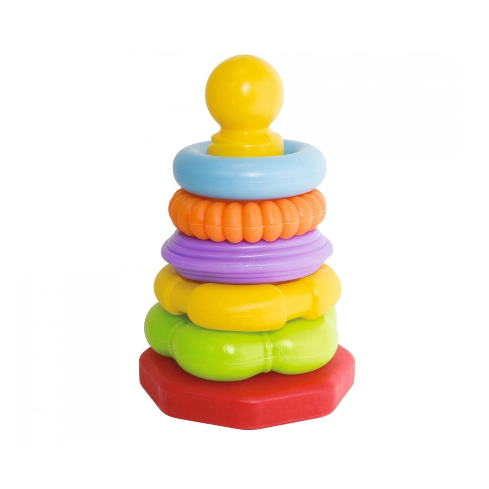 Simba ABC Stacking Ring Pyramid featuring colorful glossy rings stacked on a red base, set against a light background.