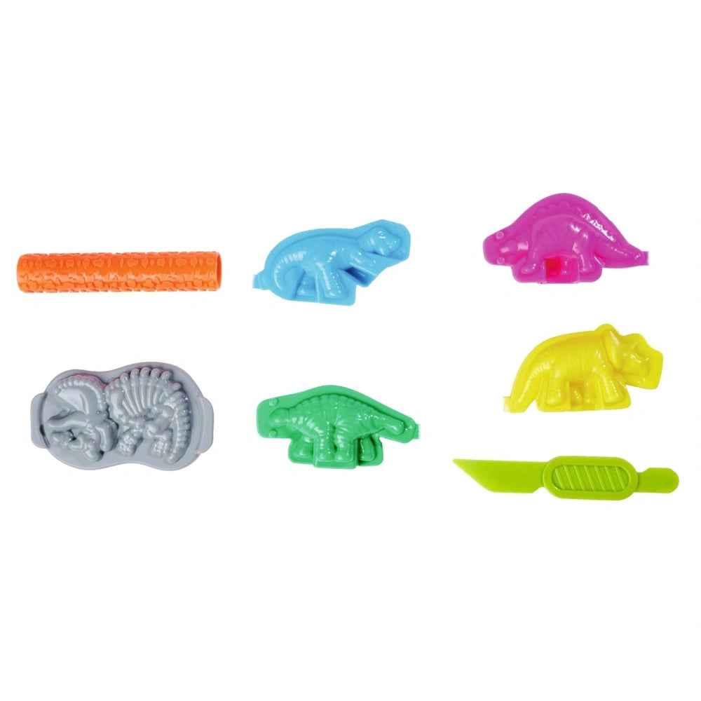Simba Art & Fun Dinosaur Sand Set featuring six colorful, cartoon-like plastic dinosaurs against a white background.
