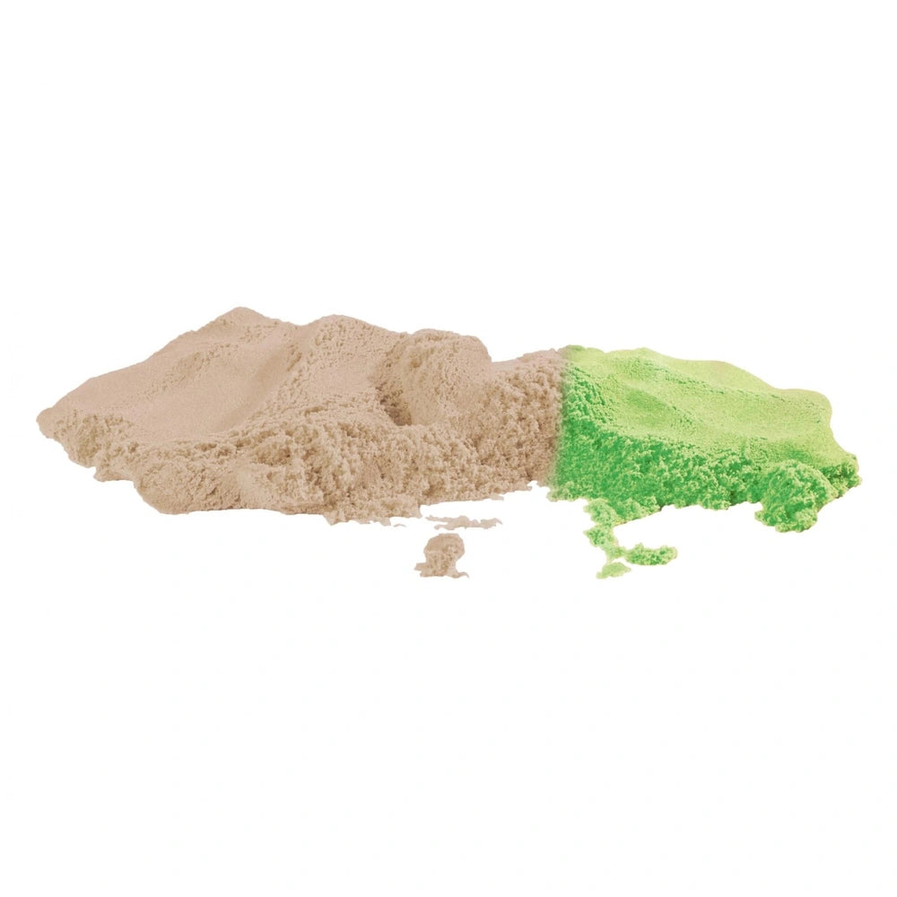 Simba Dinosaur Sand Set featuring textured, colorful sand with a light brown and vibrant green separation on a light backgrou