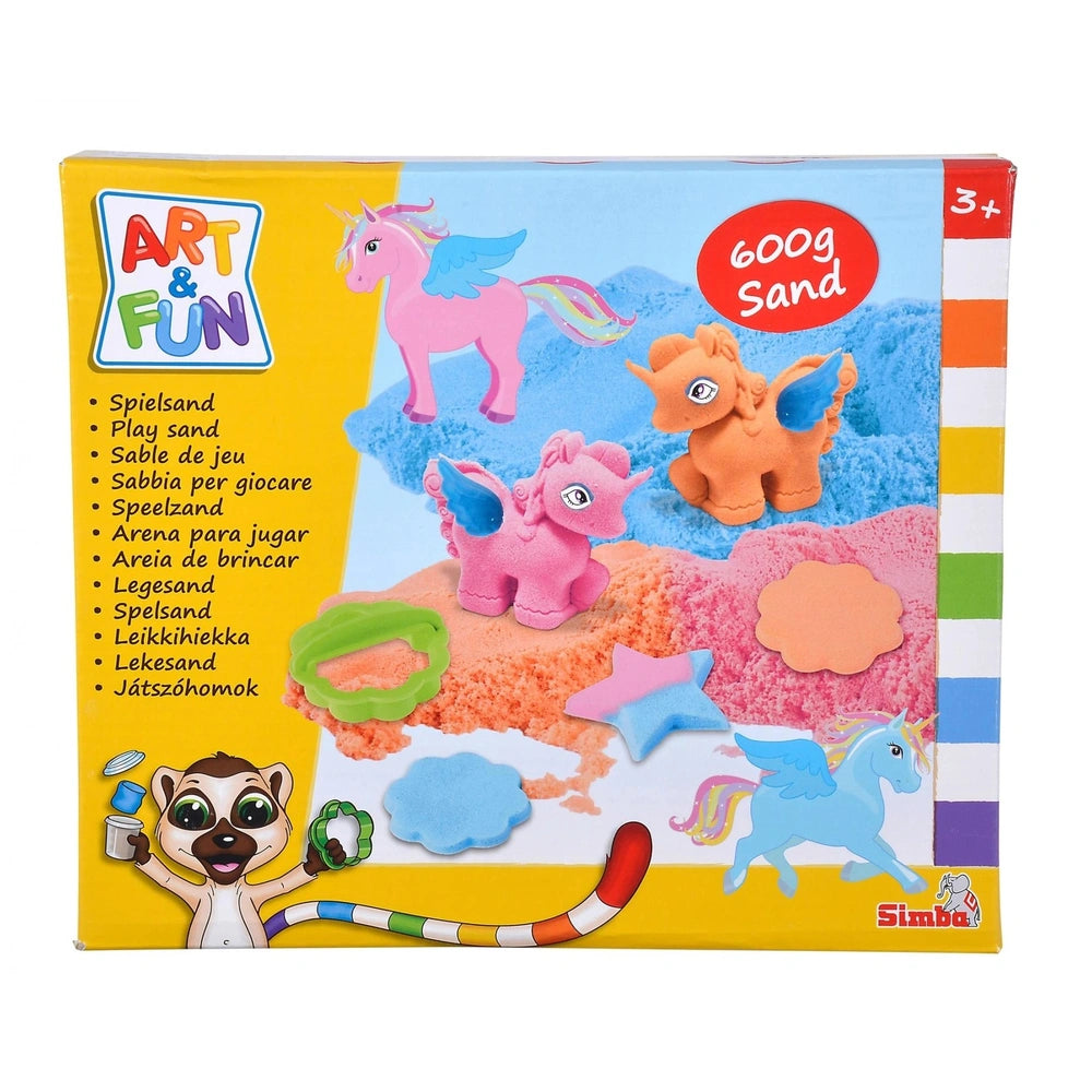 Simba Art & Fun Playsand Set features colorful packaging with unicorn graphics and includes 600g of play sand for creative fu
