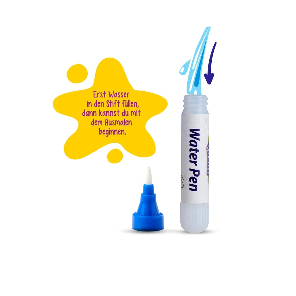 Simba Art & Fun Water Pen Book showcasing a blue water pen and bottle, designed for childrens coloring activities.