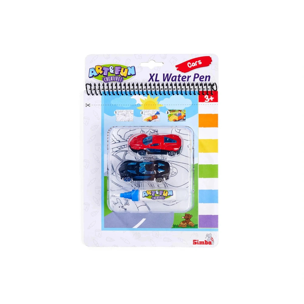 Simba Art & Fun Water Pen Book Cars packaging shows vibrant designs, featuring cars and a water pen for creative kids.