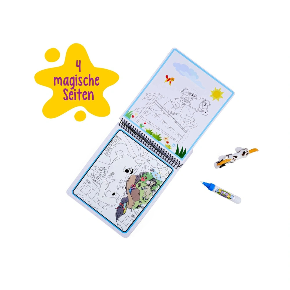 Simba Art & Fun Water Pen Coloring Book features colorful horse illustrations, magic pages, and two crayons for creative fun.