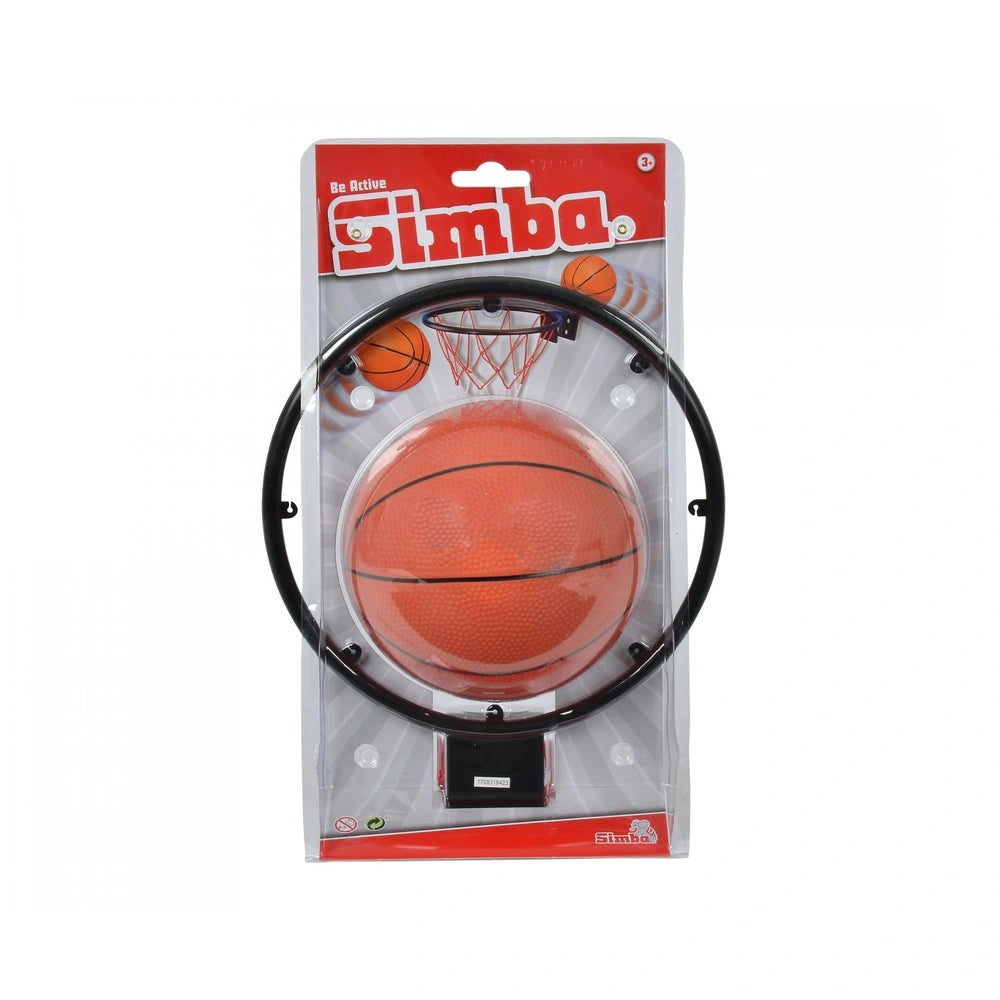 Simba basketball basket 20 cm in red packaging, featuring a black hoop, clear backboard, and orange toy basketball.