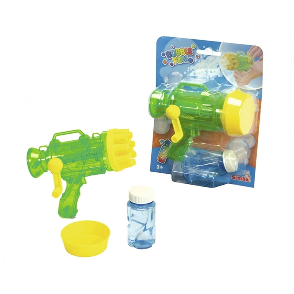 Simba Bubble Fun Gun with Crank in green and yellow, includes accessories for water play and bubble making.