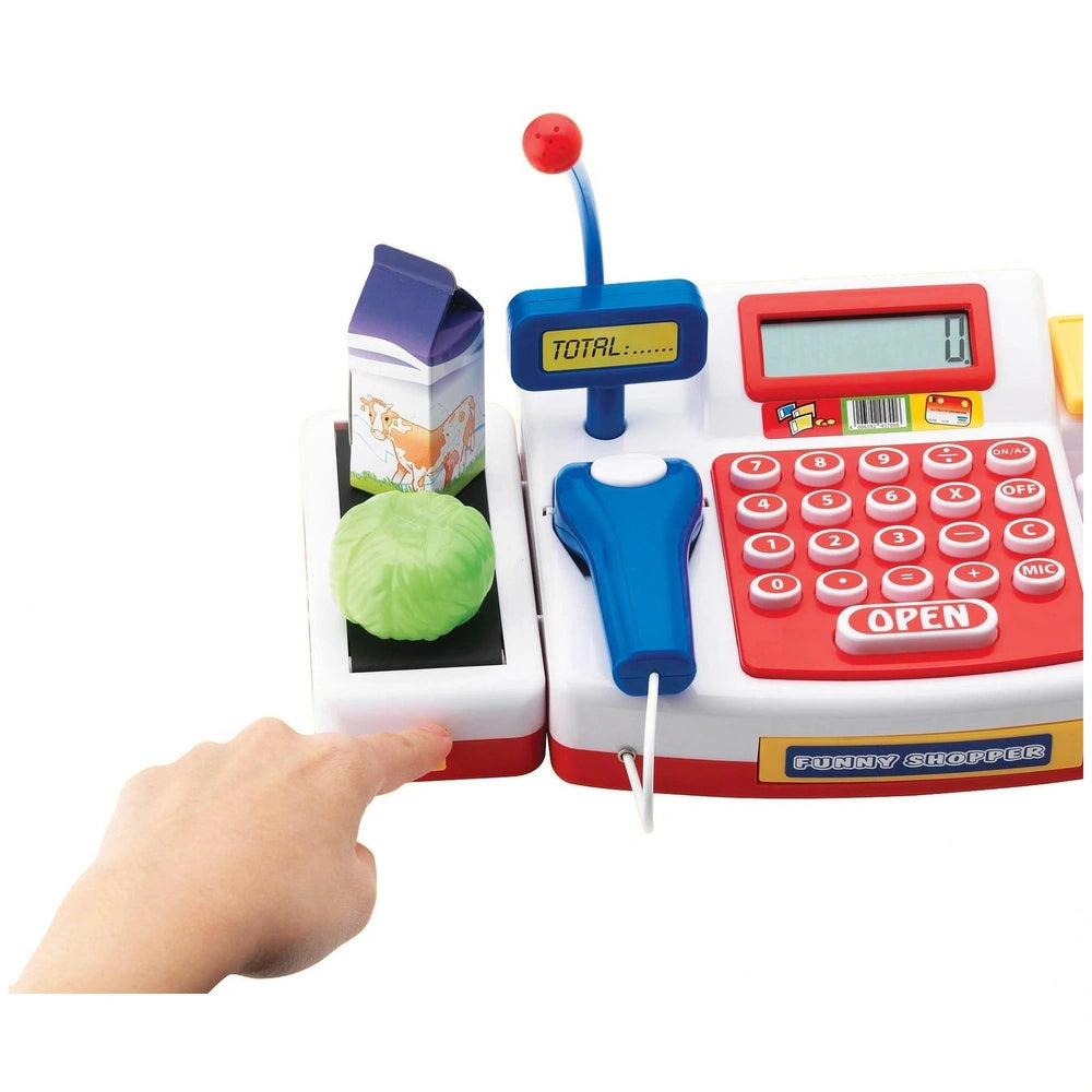 Simba Checkout Counter with Scanner toy, featuring a digital display, keypad, and playful milk carton accessory.