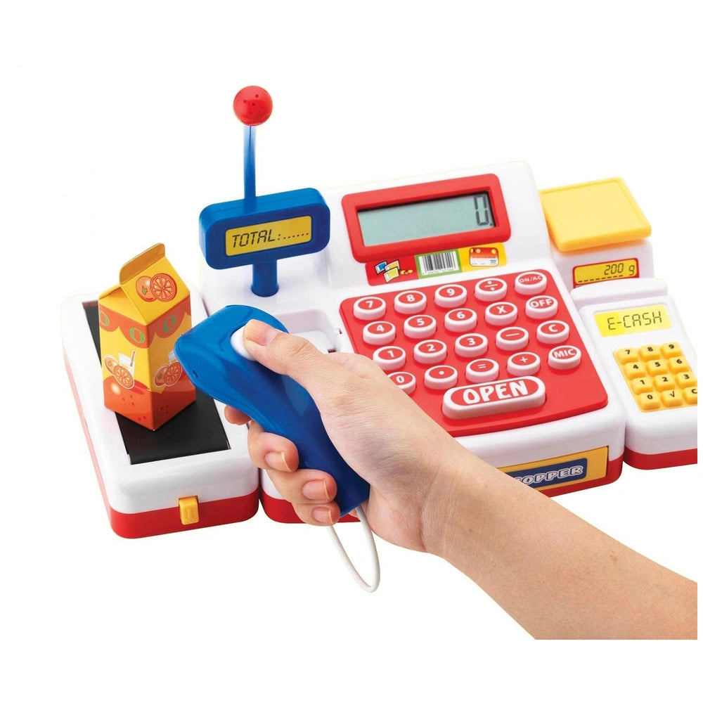 Simba Checkout Counter with Scanner toy, brightly colored with buttons, display screen, and interaction stylus in hand on whi