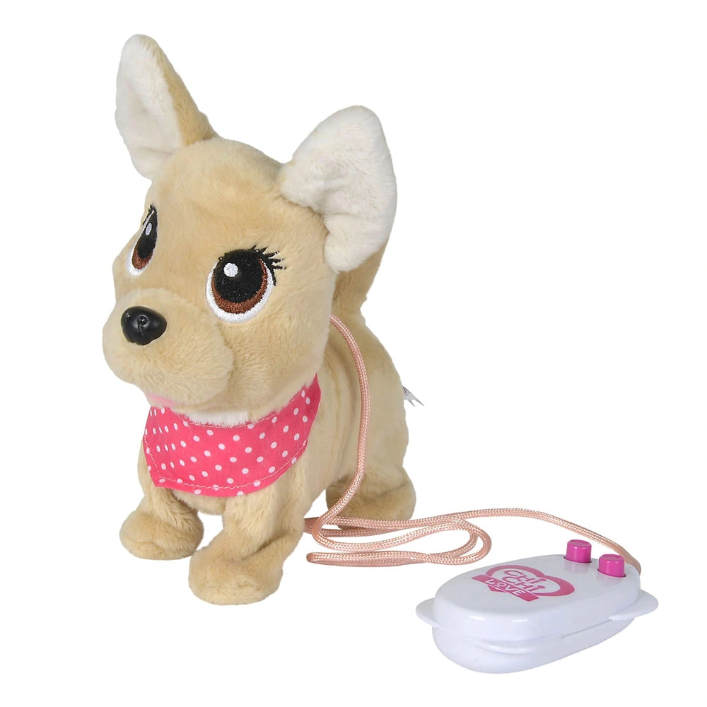 Simba Chi Chi Love Puppy Friends plush toy with leash, featuring cream fur, large black eyes, and a pink polka dot bandana.