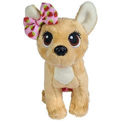 Simba ChiChi LOVE Little Berry stuffed animal with light brown fur, large black eyes, white belly, and pink strawberry bow.