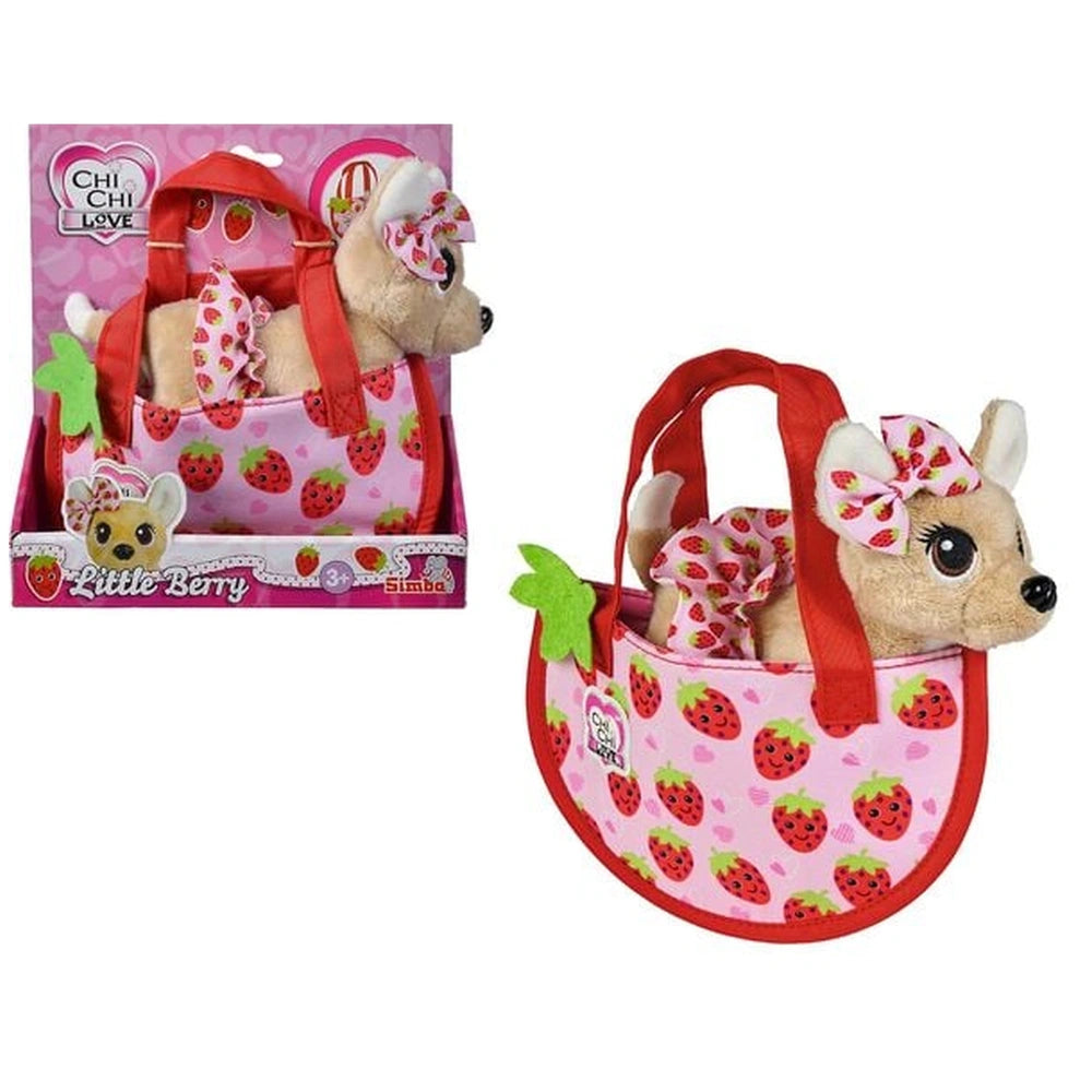Simba ChiChi LOVE Little Berry set features a plush beige animal with a pink strawberry outfit and a matching toy purse.