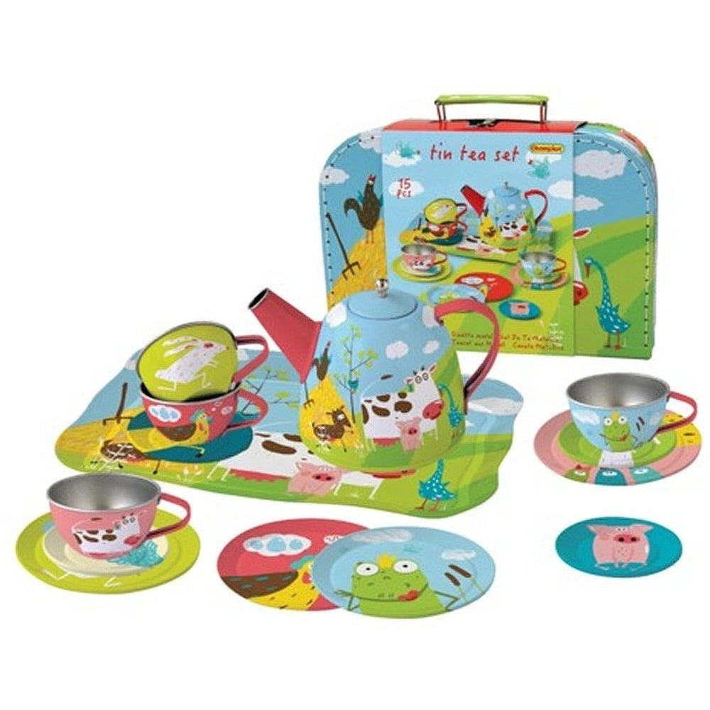 Farm Animals Tea Time Tin Tea Set features vibrant ceramic tableware with playful animal designs and a matching suitcase.