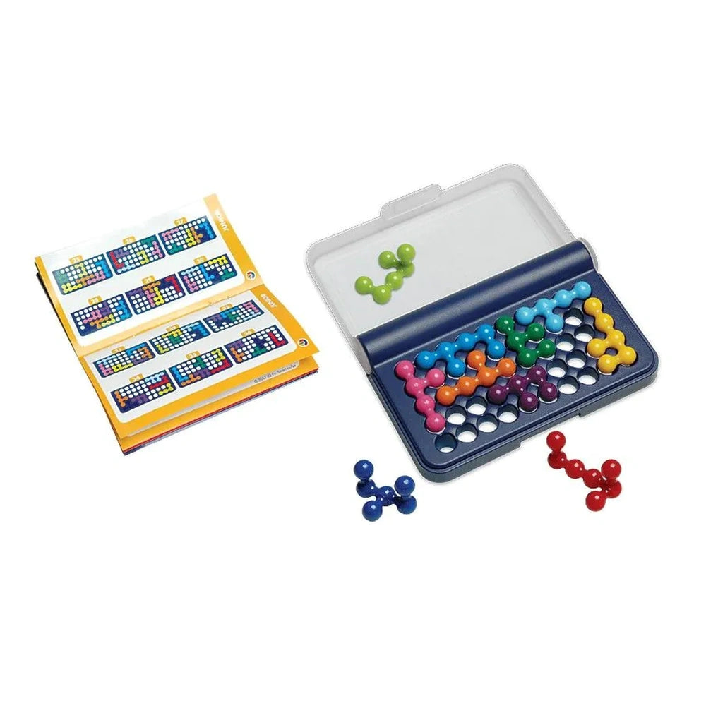 Smart Games IQ Fit features a colorful container of beads and a closed box with a vibrant design on a white tabletop.