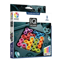 IQ Gears is a colorful 3D puzzle game for ages 7 and up, featuring interlocking gears and 120 challenges.