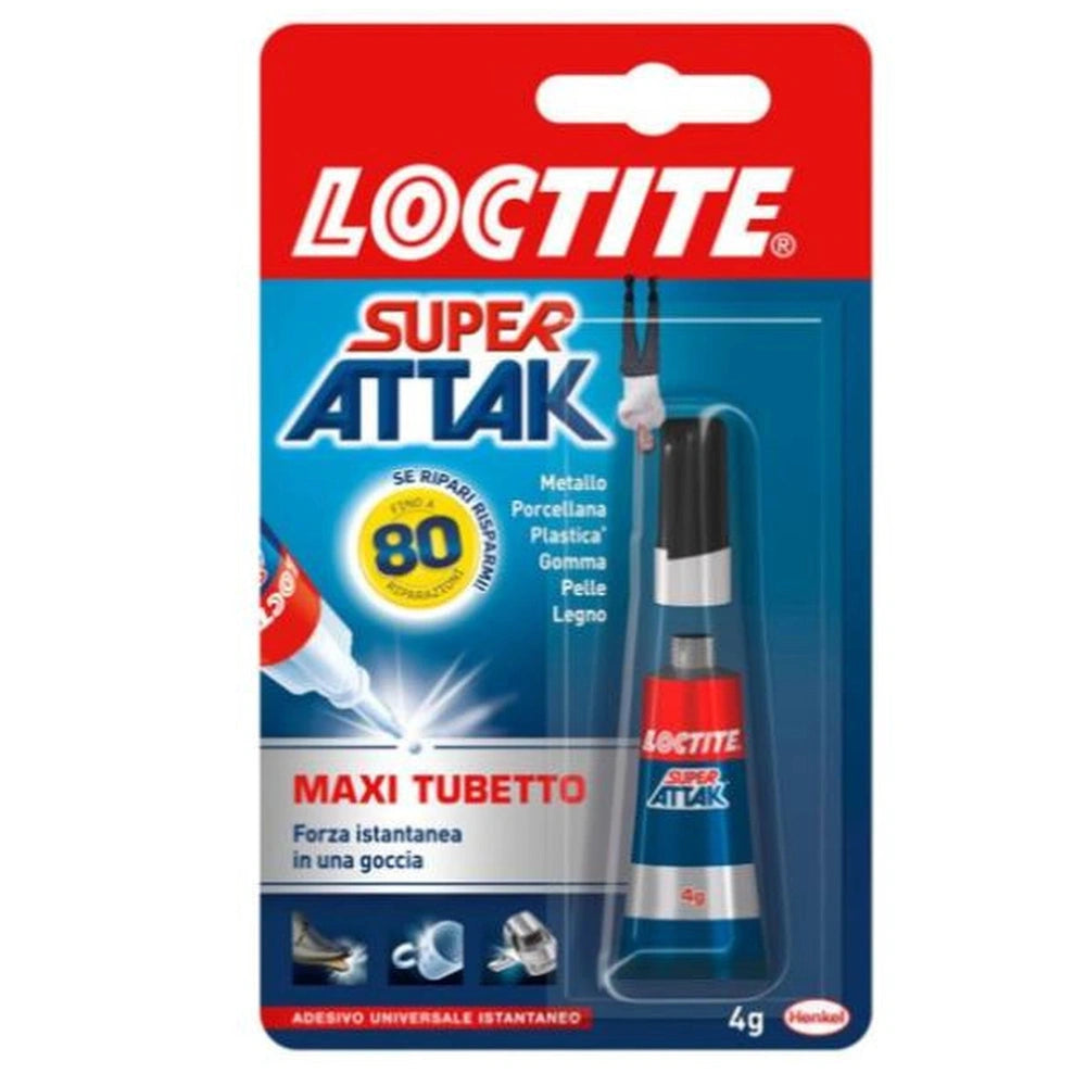 Super Attak 3Gr Glue in a plastic bottle with a red and white label on blue packaging, featuring various materials and text.