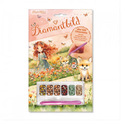 TapirElla Diamond Painting Elves retail packaging features a pink background, red-haired character, flowers, and a purple pen