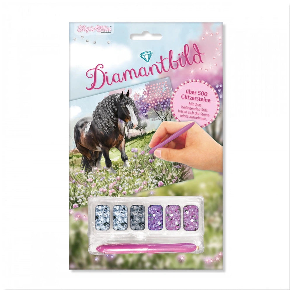 TapirElla Diamond Painting Horse retail packaging with light blue background, glossy and matte finishes, and pink cursive tex
