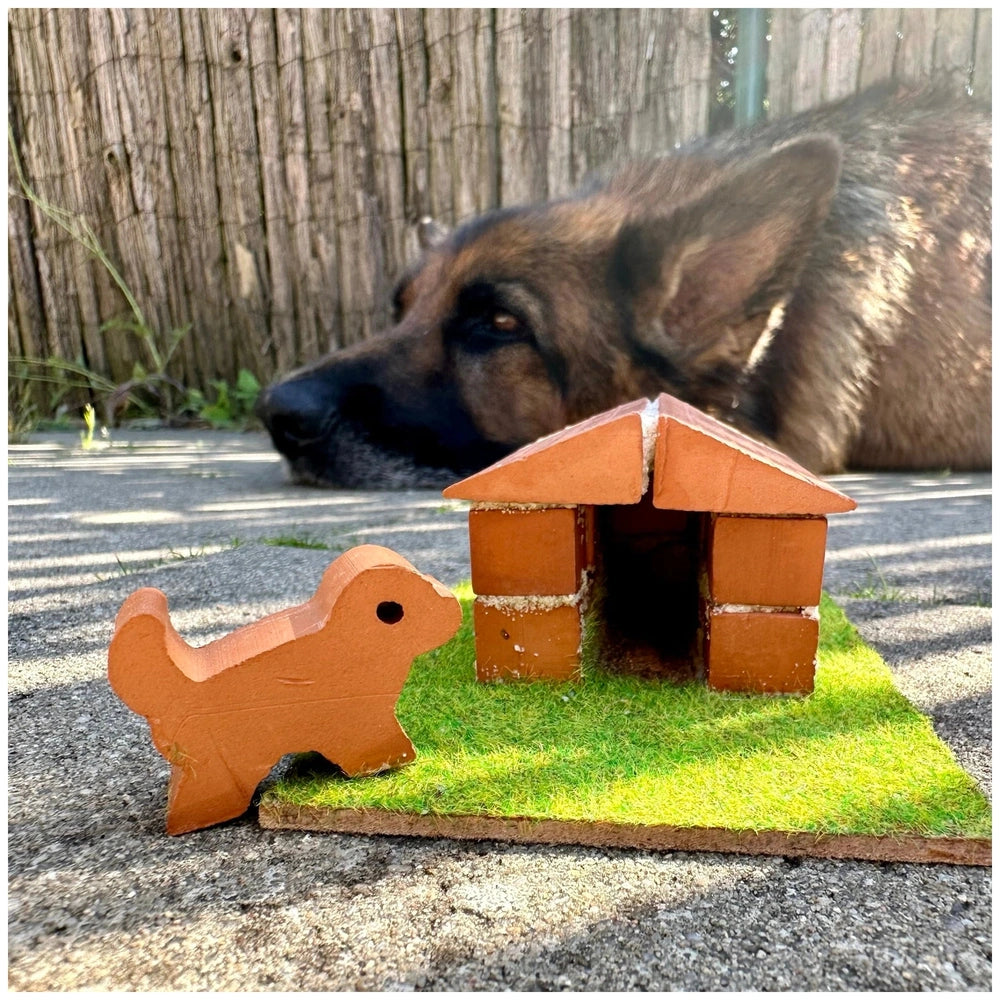 Teifoc doghouse set with a large brown and black dog resting on concrete, gazing towards a small cardboard house.