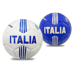 TeoKaido Italia Flag Football Size 5 features two soccer balls, one white with blue accents and one blue with white accents.