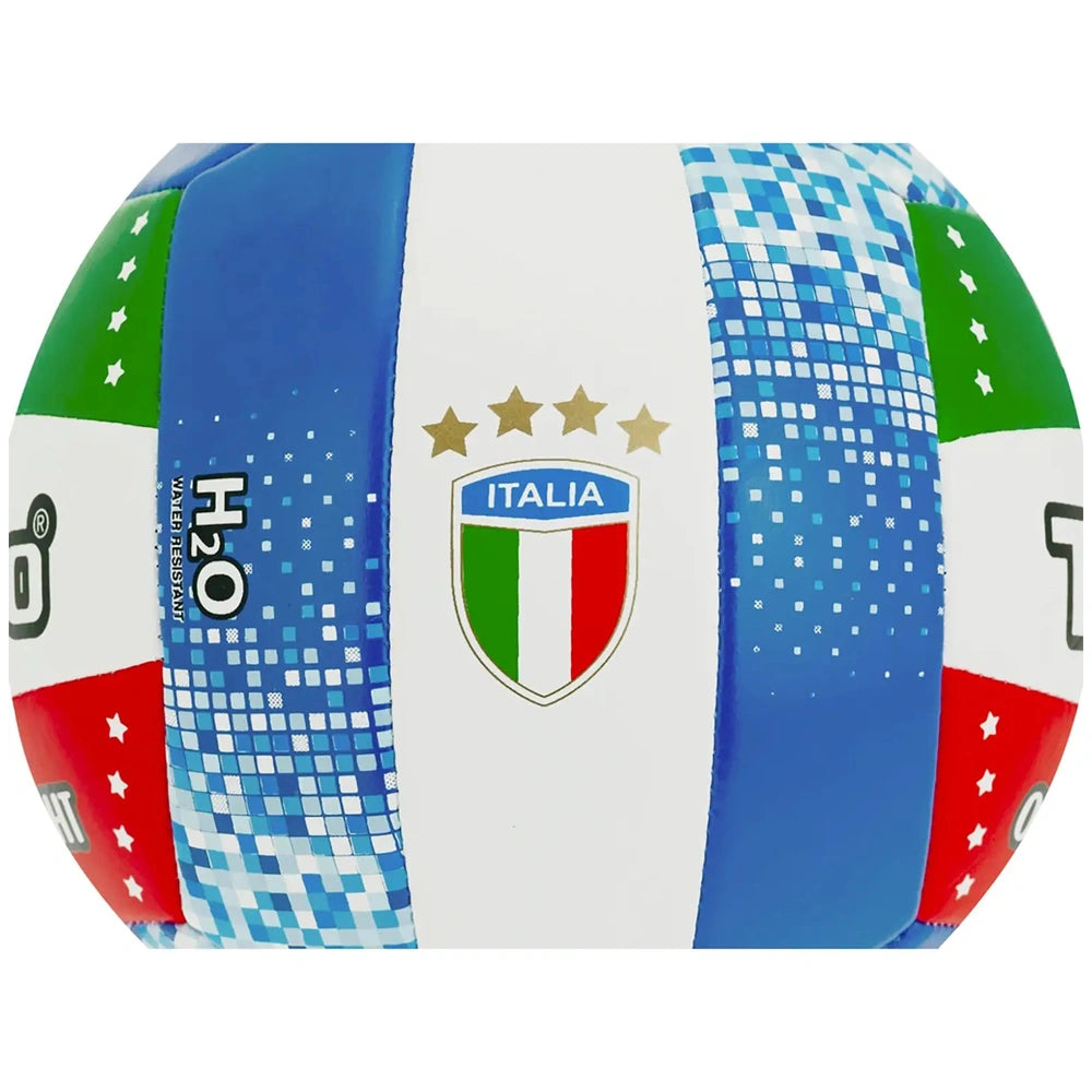 TeoKaido Italia Flag Volleyball features a colorful design with geometric shapes, a logo, and the text "H2O" for branding.