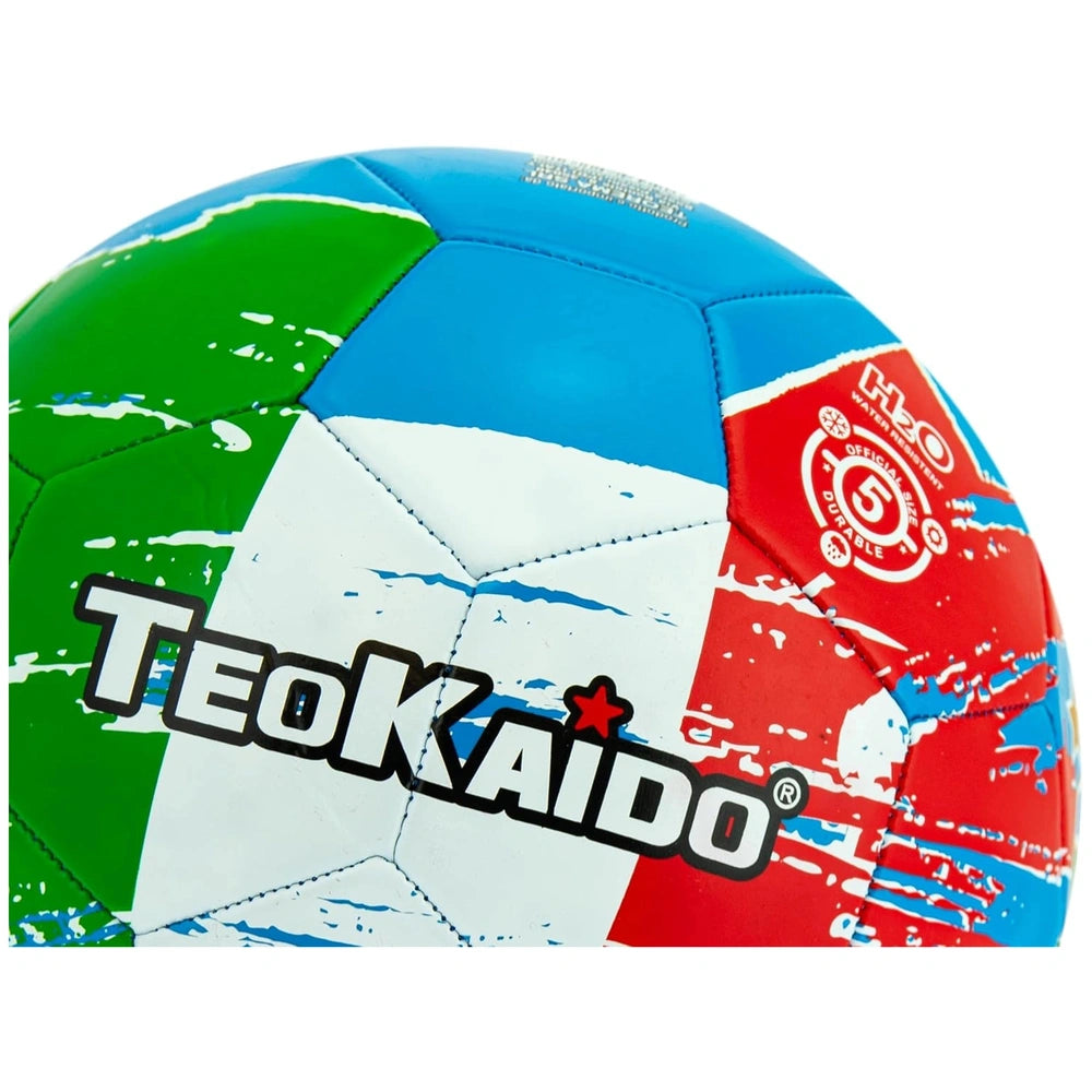 TeoKaido soccer ball features a vibrant design with blue, green, red, and white colors, and textured surface for grip.