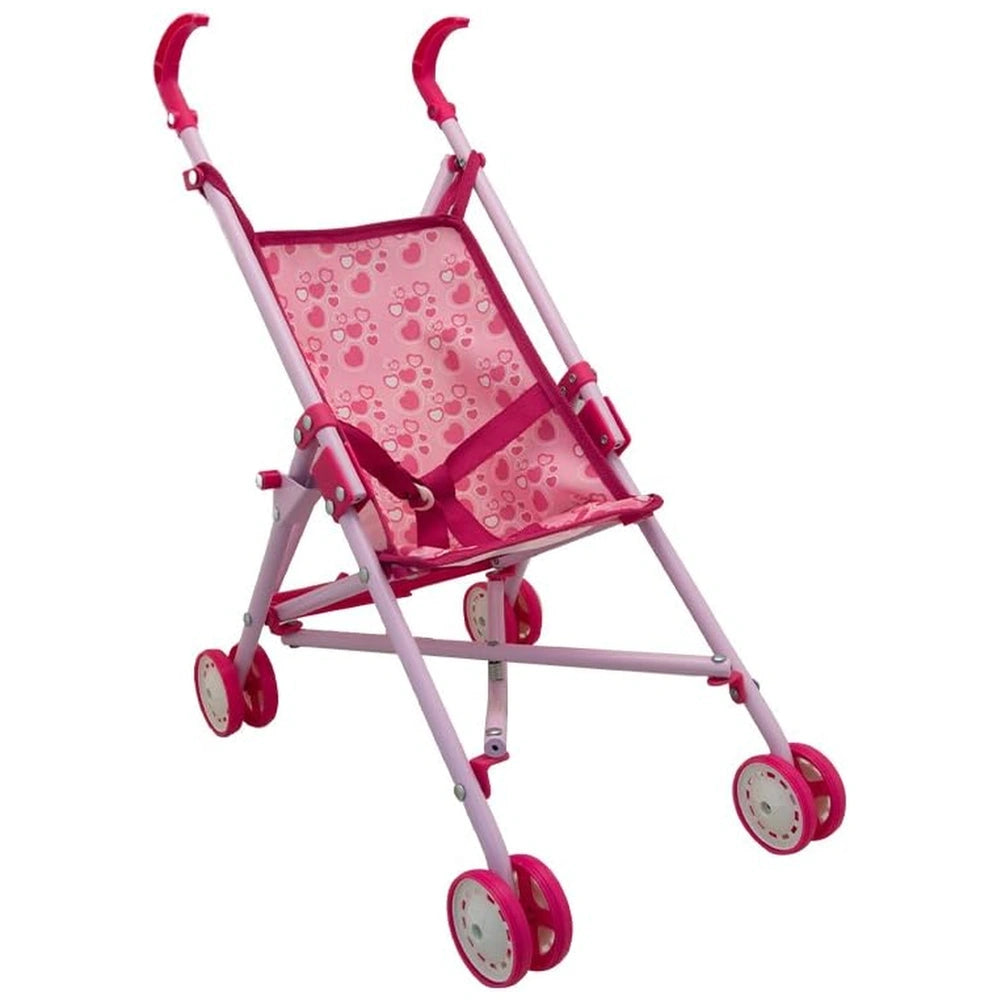 Teorema 2in1 Adjustable Art Easel features a pink folding stroller with heart patterns, metal frame, and safety harness for p