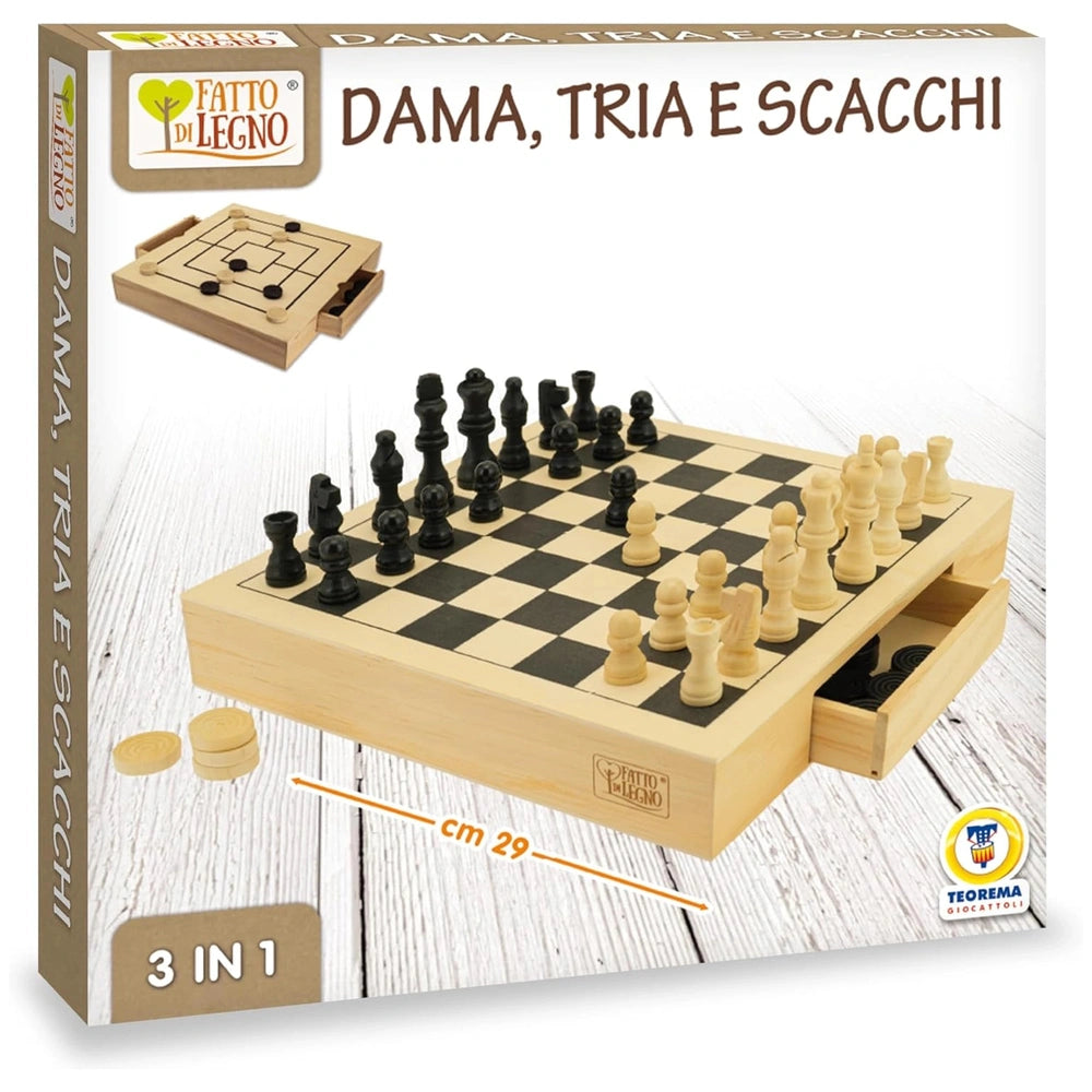 Teorema 3-in-1 wooden chess set features black and white pieces arranged on a classic alternating square board.
