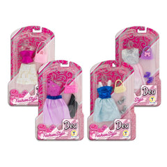 Teorema Dea Fashion Style Doll Outfit Set features three pastel-dressed dolls with stylish accessories in glossy packaging.