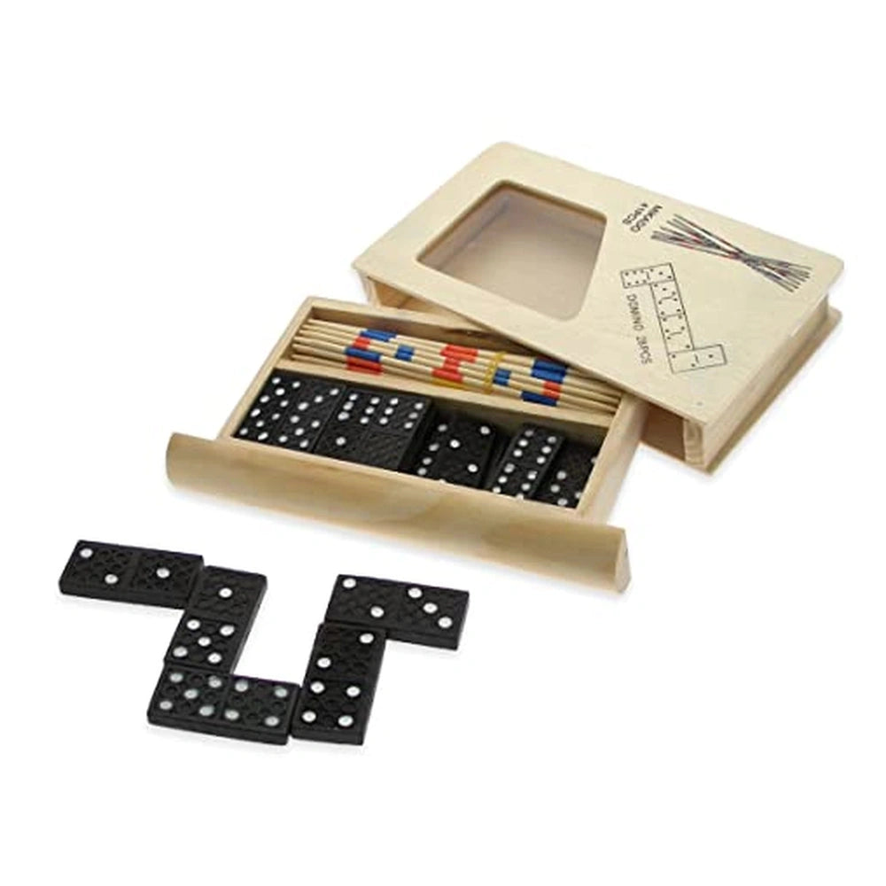 Teorema wooden board game features a light wood board, black tiles with white dots, and a compartmentalized wooden tray.