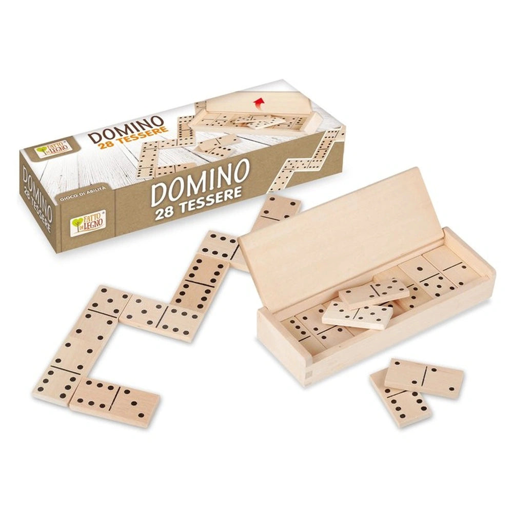 Teorema wooden Domino game set featuring a box, 28 game pieces, and a patterned game board on a white background.