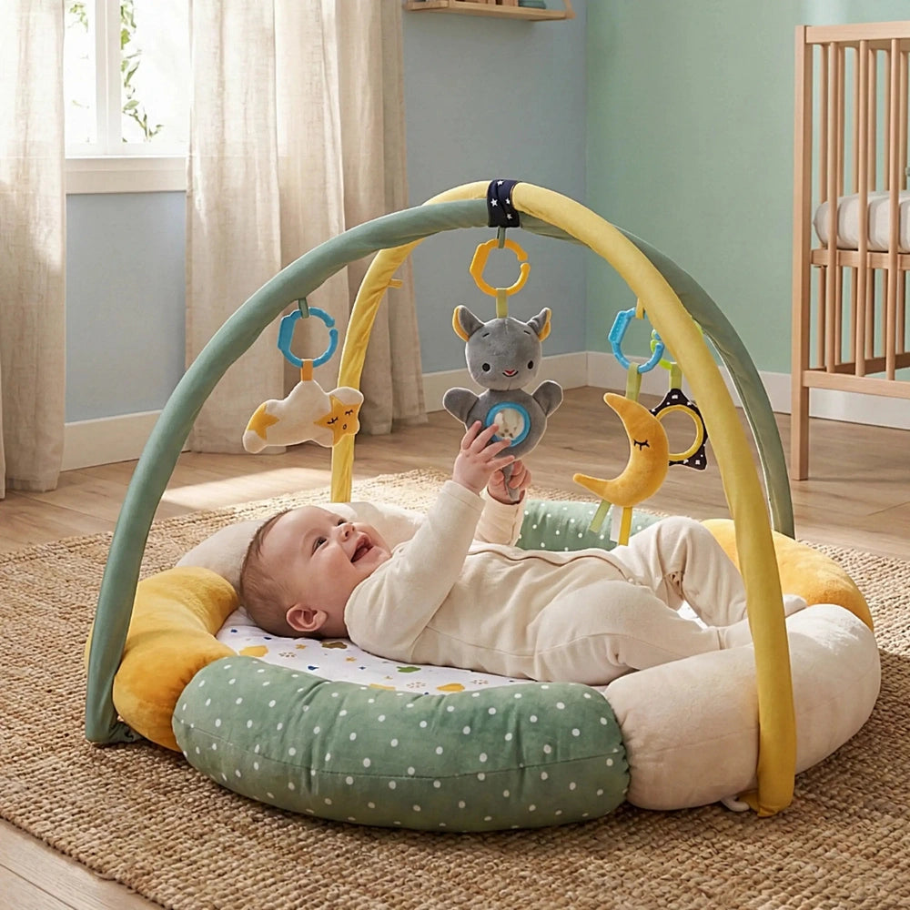 Teorema GoGO Soft Play Gym features a smiling baby on a light play mat, engaging with a colorful mobile of hanging toys.