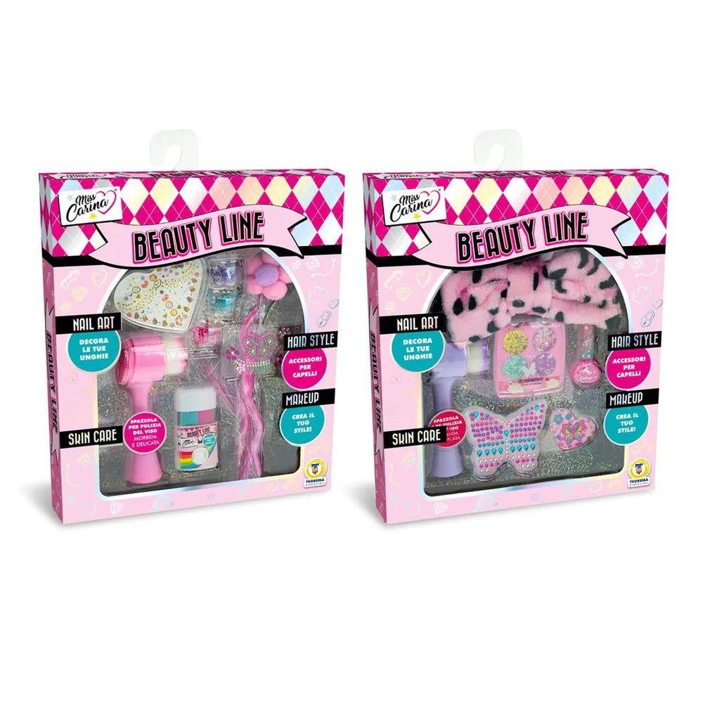 Teorema - Miss Carina Beauty Line Kit 4in1 packaging features pink and white diamond patterns with bold text and images of be