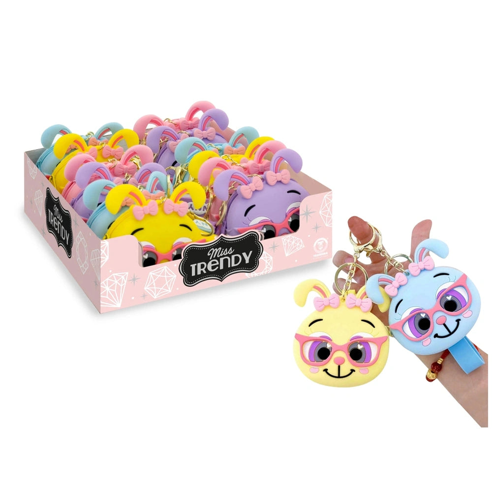 Teorema's Miss Trendy Kawaii Bunny Keychain Assortment features colorful plush toys with smiling faces and bows in a trendy b