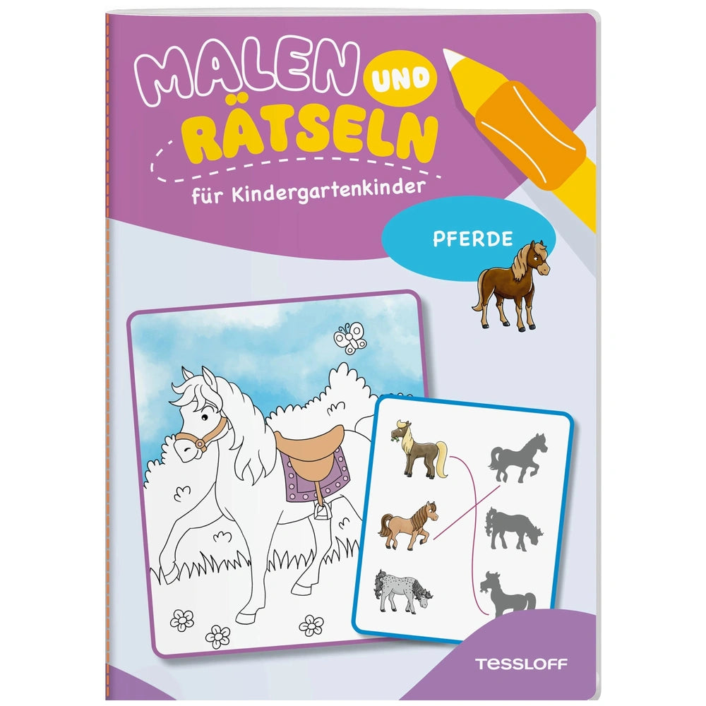 TESSLOFF coloring book cover features a horse graphic, pencil, and the title "Malen und Ratseln" on a purple background.