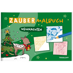 TESSLOFF Magic Coloring Book features a festive illustration with a reindeer, Christmas tree, and falling snowflakes in a win