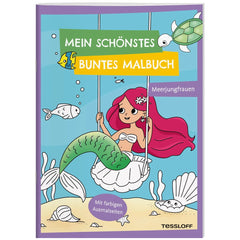 TESSLOFF's colorful coloring book cover features a girl with pink hair in a white dress, surrounded by marine life and vibran