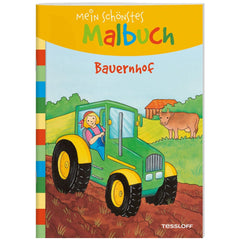 TESSLOFF's "My Most Beautiful Coloring Book Farm" features a girl in a tractor with a cow on a sunny day.