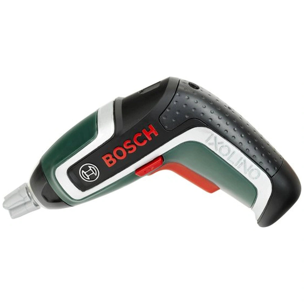 Theo Klein cordless screwdriver with black and green matte finish, red glossy button, and visible "BOSS" and "XKLONO" brandin