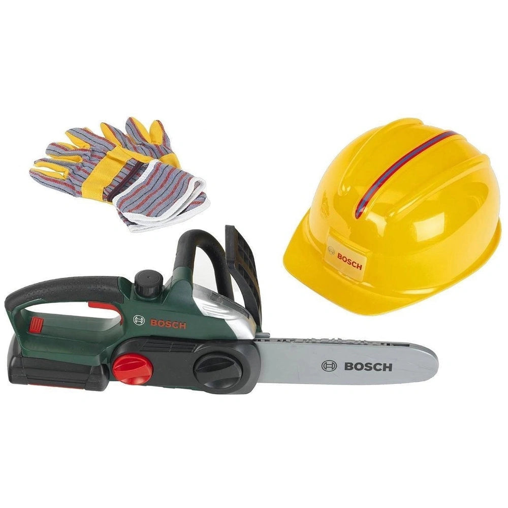 A toy chainsaw set consisting of a green and black chainsaw, a yellow helmet, and a pair of striped gloves, all branded with the name 'Bosch'.