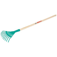 Theo Klein Bosch Garden rake with green bristles and wooden handle, featuring "BOSS" text against a white background.