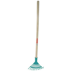 Theo Klein Bosch Garden greenery rake with a green bottom handle and white top handle, designed for outdoor play.